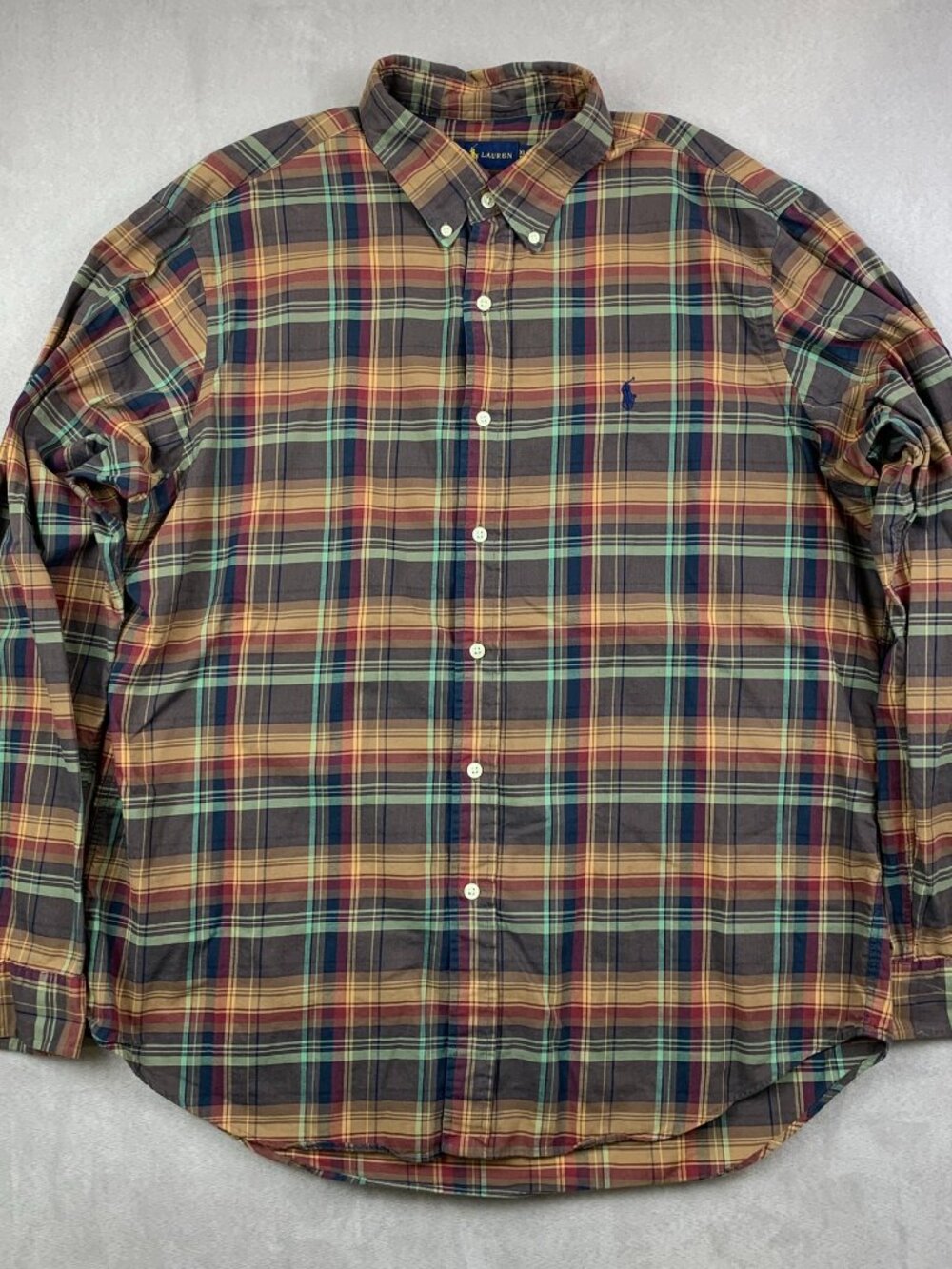 Ralph Lauren Polo Mens Shirt XL Brown Tan Plaid Button Up Long Sleeve Preppy